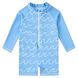 uideazone Infant Boy One-Piece Rash Guard 12-18 Months UV Protective Swimsuit with Zipper Cute Wave Design for Baby Boys