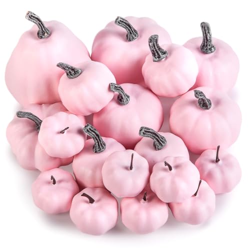 Image of DomeStar 18 PCS Assorted Pink Foam Pumpkins for Decoration, Pink Pumpkins | Baby Shower Decorations Wedding, & Thanksgiving Farmhouse Table Centerpieces