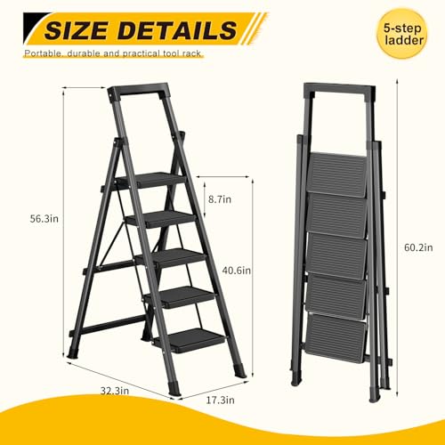 Image of 5 Step Ladder with Platform,Folding Step Stool Heavy Duty,Protable Step Ladders with Anti-Slip Widen Pedals,Handrail,Safe-Lock Design,Tall Kitchen /Closet Step Ladder for Adults