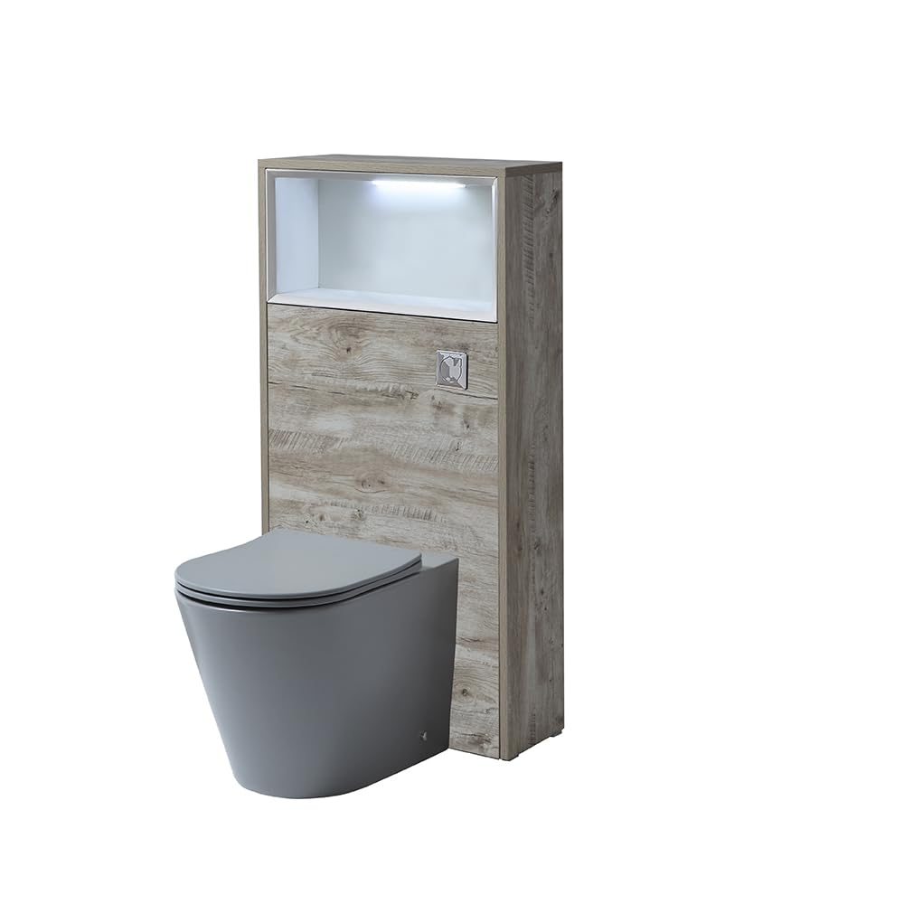 Milano Light Oak Unit / Chrome Flush 600Mm Light Oak Wc Unit Led Lit Shelf Pebble Toilet