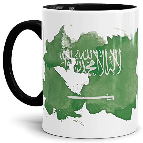 Flaggen-Tasse Saudi-Arabien Arabien Innen und Henkel Schwarz - Fahne/Länderfarbe/Wasserfarbe/Aquarell/Cup/Tor/Qualität Made in Germany