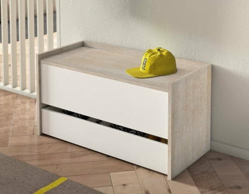 Cassapanca Lantana Mobile da Ingresso Moderno con scarpiera Baule con Due contenitori 100% Made in Italy 90x40h46 cm e Rovere bianco