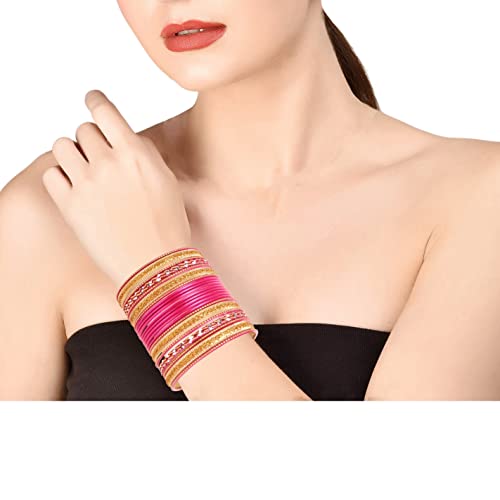 Touchstone "Colorful 2 Dozen Bangle Collection Indian Bollywood Alloy Metal Textured Hot Pink Golden Designer Bangle Bracelets Set Of 24. In Antique Gold Tone For Women #TOP1