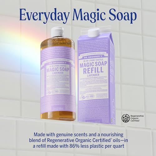 Dr. Bronner's Pure-Castile Liquid Magic Soap Bottle & Refill Carton - Made with Regenerative Organic Certified Oils, 86% Less Plastic per Quart - For Face, Body Wash, Hand Soap Refill- Lavender, 32oz