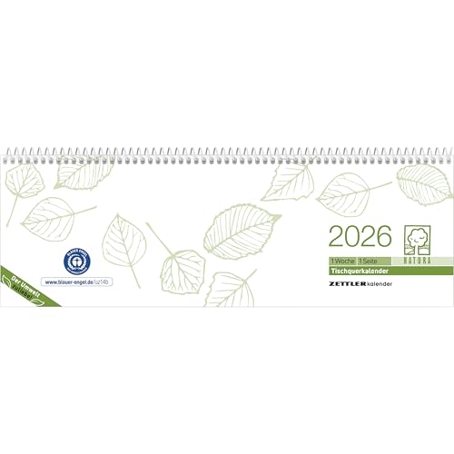 Zettler Tischquerkalender 1W/1S Blauer Engel Recycling 2026 – Wochenkalender 30 × 10 cm, 1 Woche auf 1 Seite, FSC & Blauer Engel zertifiziert, nachhaltiger Bürokalender mit Stundeneinteilung 7–19 Uhr