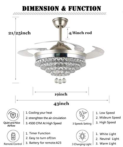 Fandian 42" Crystal Ceiling Fans With Lights Retractable Blades Led Chandelier Remote Control 3 Color Changes 3 Speeds Chrome Ceiling Fixture, Silent Motor With Led Kits Included #TOP2