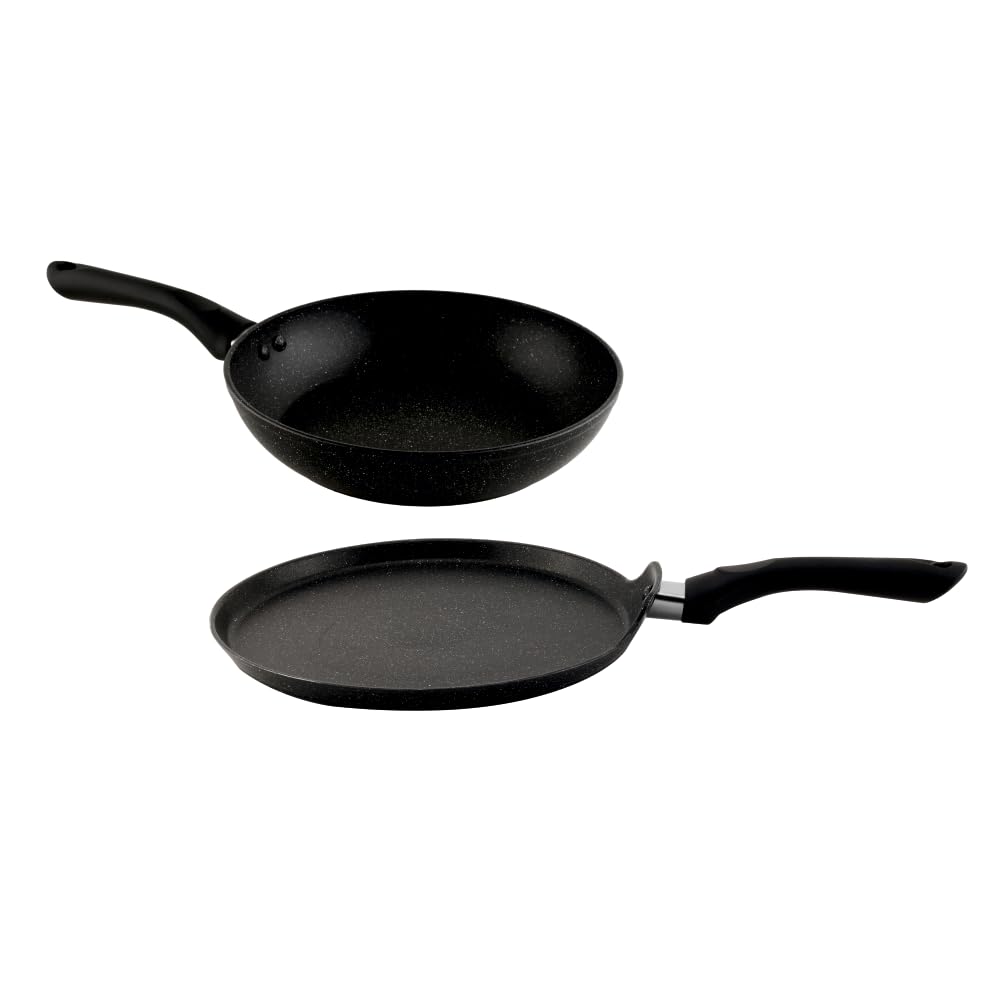 SALFORD by UCOOK Forged Set of 2 (Frypan 240mm + Tava 260mm) with Cool Touch Bakelite Handle I Induction & Gas Ready I Black Spatter