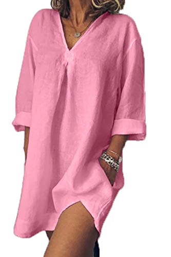 Vestidos Casuales De Mujer Túnica De Manga Larga De Lino De Algodón Vestido De Talla Grande con Bolsillos Rosado L Cover