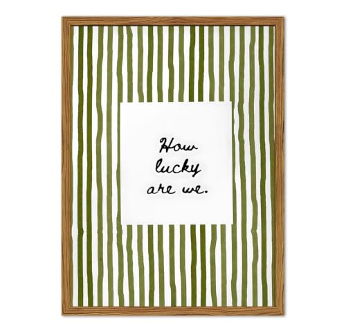 Framed How Lucky Are We Wall Art, Green Striped Pictures Wall Decor, Trendy Inspirational Quote Paintings Canvas Prints Preppy Home Decor for Living Room Bedroom Office Dorm 12x16 inch