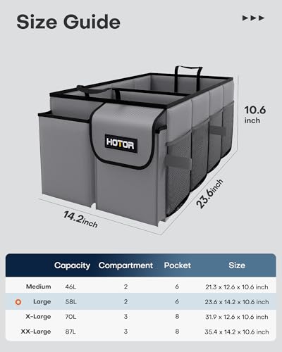 Image of HOTOR Trunk Organizer for Car - Car Organizer, Foldable Trunk organizer for SUVs & Sedans, Sturdy Organization for Car Accessories, Tools, Sundries, Grey, 2 Compartments, 23.6 inchx14.2 inchx10.6 inch