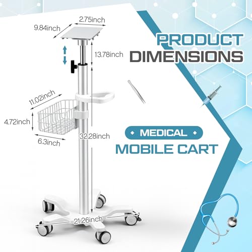 Image of DaisyInner Adjustable Mobile Medical Cart with Wheels, Load up to 33 Lbs, Laptop Rolling Cart with Storage Basket 16.5 inch x 16.7 inch Large Tabletop Medical Trolley Workstation for Hospital, Lab Use(Tray)