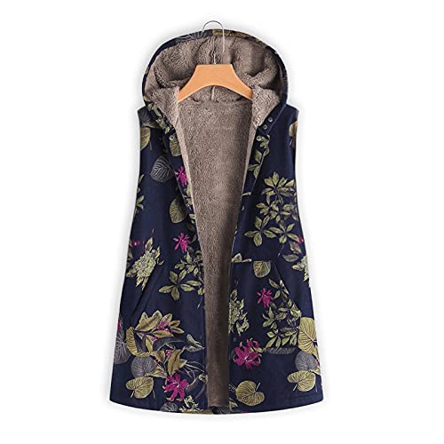 Floral Fleece Vest Jacket With Hood Womens Zip Up Lightweight Cozy Sleeveless Warm Winter Vest Outerwear With Pocket Navy #TOP2