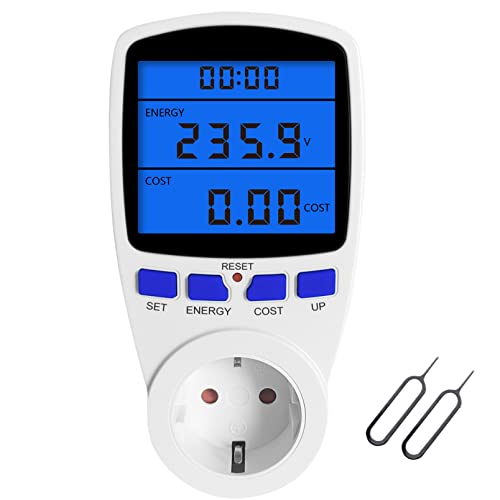 Stromzähler für Steckdose Strommessgerät, Energiekostenmessgerät Stromverbrauchsmesser, Stromverbrauch Messgerät, Stromverbrauchszähler Energiemessgerät LCD-Hintergrundbeleuchtung 180°-Lesbar Dispaly Cover