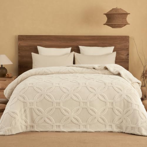 PHF Soft Sherpa Fleece Blanket Queen, Tufted Jacquard, 01-Oat Milk