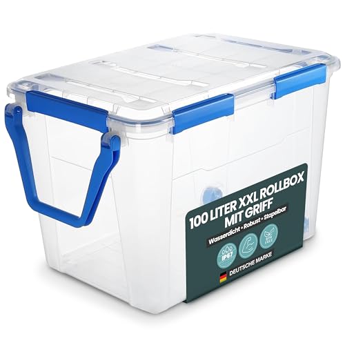 Kreher® Aufbewahrungsbox mit Deckel (100 Liter) – Wasserdichte Box stapelbar, Luftdichte Box BPA- & schadstofffrei, robuste Lagerboxen mit Silikondichtung, Kunstoffbox mit 6 Clips (1)