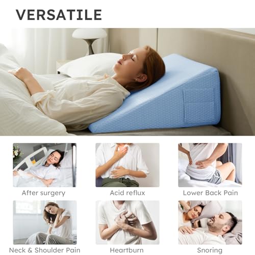 Image of Bedluxe Wedge Pillow, 10 inch Bed Wedge Pillow for Headboard, Pillow Wedge for Acid Reflux Relief, Sleeping, After Surgery, Snoring, Gerd, Triangle Pillow Wedge - Cooling Memory Foam Top, Light Blue