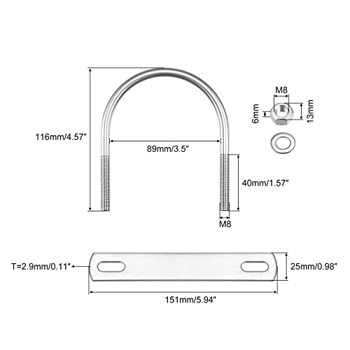 Image of uxcell Round U-Bolts, 89mm(3.5 inch) Inner Width 116mm Length M8 304 Stainless Steel U Clamp Bolt with Nuts Washers and Plates, for Boat Trailer