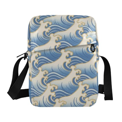 mens messenger bag Small Crossbody Bags Shoulder Handbags Adjustable Strap for Travel Travel- Golden Blue Japanese Waves