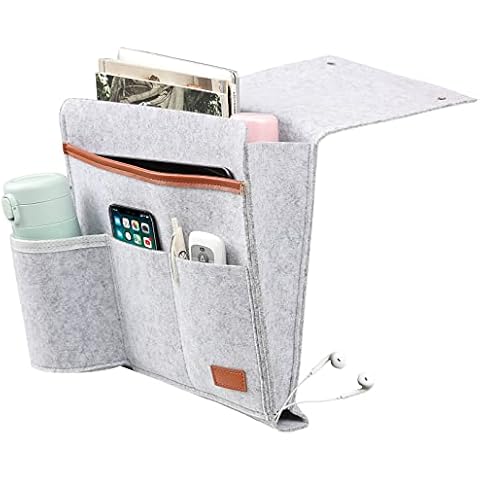 Surblue Bedside Caddy Felt Bedside Storage Organizer with Water Bottle Holder for TV Remote Control Phone Glasses Magazine 7 Pockets(Light Grey) Cover