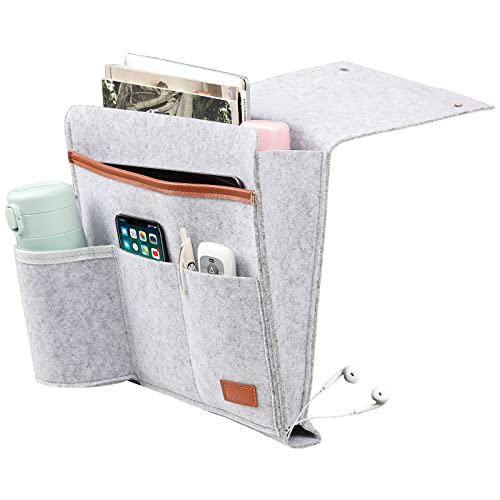 Surblue Bedside Caddy Felt Bedside Storage Organizer with Water Bottle Holder for TV Remote Control Phone Glasses Magazine 7 Pockets(Light Grey)
