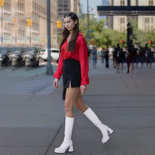 Kalstage Knee High Boots For Women Square Toe Chunky High Heels Leather Strtetch Gogo Boots Side Zipper Mid Calf Boots Platform Boots #TOP1