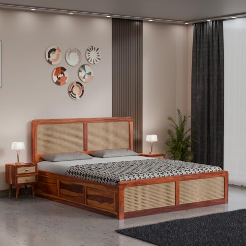 Image of DRIFTINGWOOD Amber Solid Sheesham Wood King Size Bed with Box Storage | Rattan Cane Headboard & Footboard | Carved Edges | Honey Finish (Self Assembly Required)