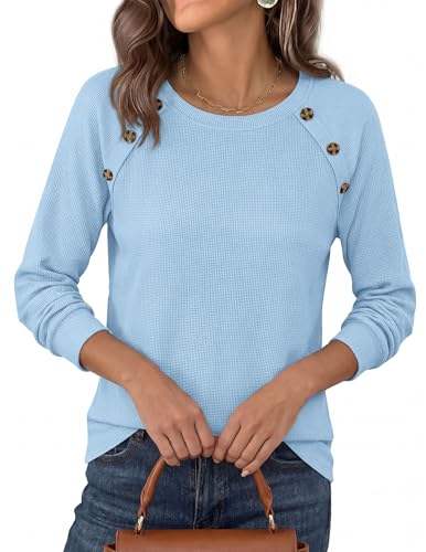 PRETTYGARDEN Fall Long Sleeve Waffle Knit Shirts for Women, Light Blue,M — view 4