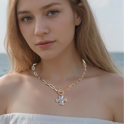 Gold Chunky Cross Necklace for Women - Statement Layered Hammered Cross Pendant Jewelry with Vintage Toggle Clasp, Bold Paperclip Chain Necklace Gift for Her2