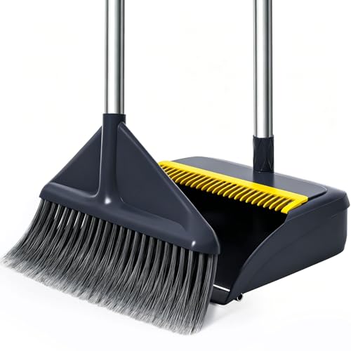 Image of Broom and Dustpan Set with 52 inch Long Handle | Stand Up Dustpan with No Warping Metal Edge, 4-Layer Flagged-Tip Bristles, Hair Cleaning Teeth for Home, Kitchen & Office