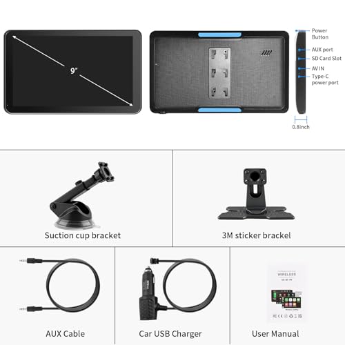 Image of CarPlay Screen for Car, 9'' Wireless CarPlay & Android Auto - Smart Portable Touchscreen with Bluetooth /FM, Mirror Link, Voice Control, GPS Navigation, Hands-Free Calling, Plug & Play Car Play Screen