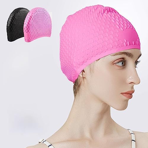 2 Packs Comfortable Silicone Swim Cap for Long Hair, Durable Bathing Swimming Cap for Unisex Adults Men Women Kids Boys Girls, Designed for Curly Short Medium Long Hair (Pink + Black)