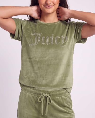 Image of Juicy Couture Women's 2 Piece Velvet Fleece Short Sleeve Shirt and Pants Lounge Sleepwear Set