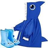 Twistover 2 Pcs Toddler Raincoat Rain Boots Set Kids Baby Cartoon Hoodie Zipper Jacket Short Rain Shoes for Little Boys Girls(1 T,Blue Shark)