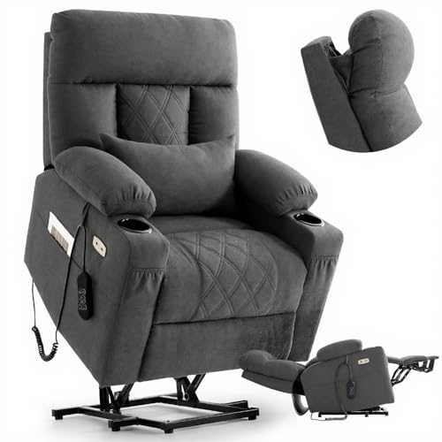 Image of BEDHOURS Tri-Motor Power Lift Recliner Chair for Elderly, Zero Gravity Infinite Position Lay Flat Lift Chair w /Adjustable Headrest & Lumbar, Vibration Massage & Heat, Cup Holders, Grey