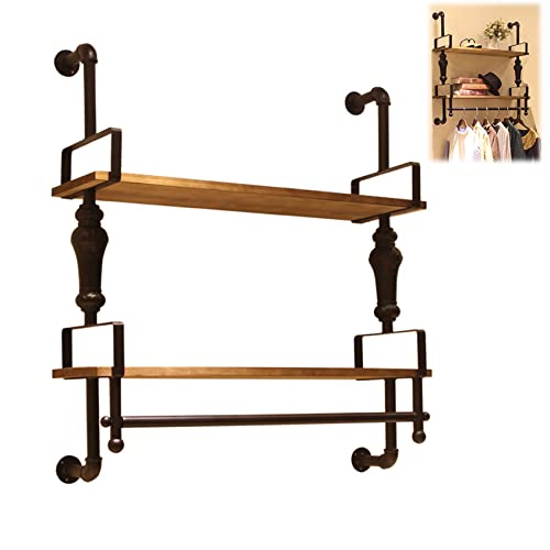JYBNBBE Wall Mounted Tube Coat Rack with Wooden Shelf, Heavy Duty Metal Clothes Hanger for Retail Display, Bedroom Entryway,2-tiers-150 cm