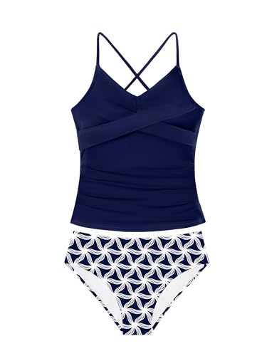 Image of Girls Swimsuit Tankini Criss Cross Ruched 2 Piece Bathing Suit Printed Girl Swimwear for Teens 9-16Y