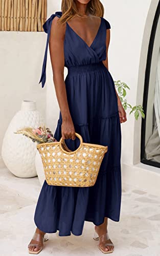 Image of PRETTYGARDEN Women's Cross Neck Summer Sleeveless Tiered Maxi Dress Beach Tie Strap Smocked Long Dresses Pleated Sundress