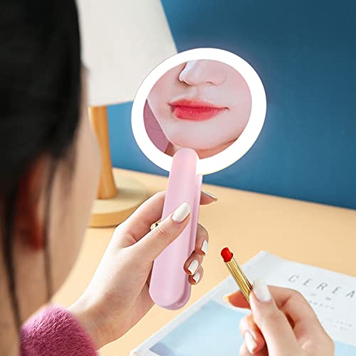 Bueuo Makeup Compact Hand Mirror Led Round Makeup Mirror With Usb Rechargeable And Lipstick, Magnification Vanity Mirror Foldable Travel Mini Compact Handle Mirror (Pink) #TOP3