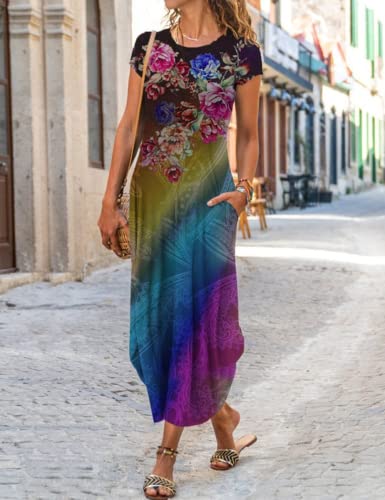 Image of Women Summer Casual Maxi Dress Floral Printed Loose Pockets Short Sleeve Split Boho Dresses