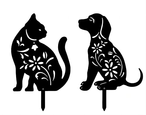 Dekorative Pfähle für Garten, Katze und Hund, aus Metall, 2 Stück, schwarze Tier-Silhouette, für Hof, Rasen, Outdoor-Statue, Dekoration, Metall, Rasendekorationen, Outdoor-Ornamente Cover