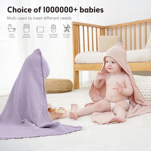 Image of Susurration Hooded Baby Towels for Newborn 2 Pack 100% Muslin Cotton Towel for Babies，Highly Absorbent and Newborn Essential 30x30 Inch Pink&Purple