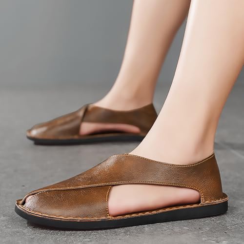 Soulario Leather Sandals for Men, Sofe Sole Flat Cut-Out Sandals Summer Outdoor Comfortable Slip on Walking2