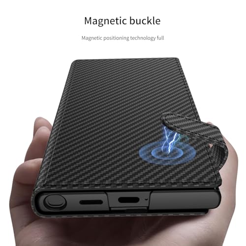 Image of Midkart Leather Flip Cover Compatible with Samsung Galaxy S25 Ultra with Card Holder Built-in Kickstand Magnetic Belt Lock Inner Hard PC with Full Body and Camera Protection, Fiber Black