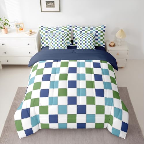 Image of Erosebridal Blue Green Checkered Comforter Set Full Size 7 Piece Navy Teal White Grids Plaid Bedding for Kids Boys Teen Men,Geometric Buffalo Gingham Bed in A Bag Modern Fashion Bed Set Room Decor