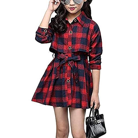 siyecaoo Little Big Girls Flannel Red Check Dresses,Casual Button Down Shirt Mini Plaid Dress 150cm-8-9Years Cover