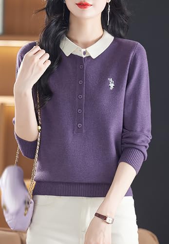 Womens Polo Neck Layered Look Sweater Button up 2 in 1 Knit Pullover Tops3