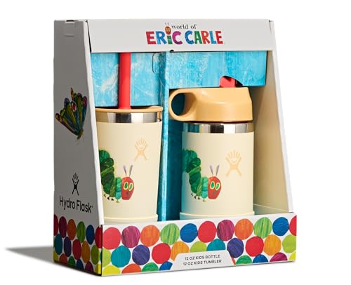 Image of Hydro Flask Kids Water Bottle and Tumbler Bundle Set for School - Stainless Steel and Insulated with Straw Cap - 12 Oz World of Eric Carle Caterpillar