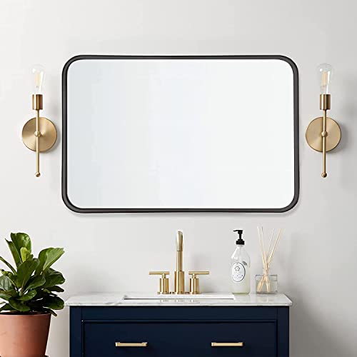 Howofurn 24’’X36’’ Bathroom Mirror, Rectangular Black Vanity Mirror, Wall Mount Mirror For Bathroom, Metal Frame, Gourd Hooks, Vertical & Horizontal Hung For Bedroom, Bathroom, Living Room #TOP1