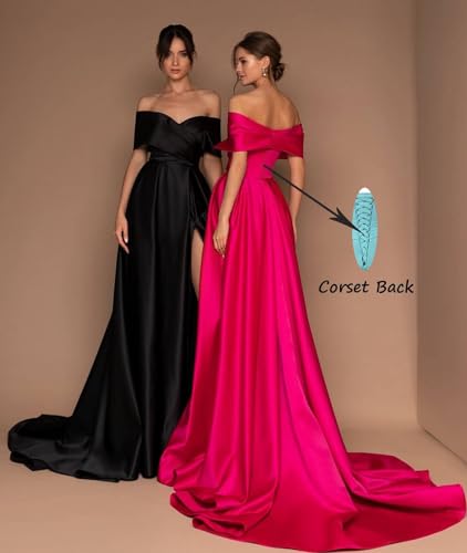 BONOYUER Satin Off The Shoulder Prom Dresses with Slit Pockets A Line Formal Evening Gown for Women2