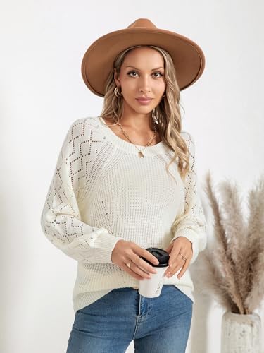 Image of Libsorge Womens Cute Crochet Knit Hollow Out Sweater Fall 2024 Lightweight Ribbed Crewneck Long Sleeve Pullover Top